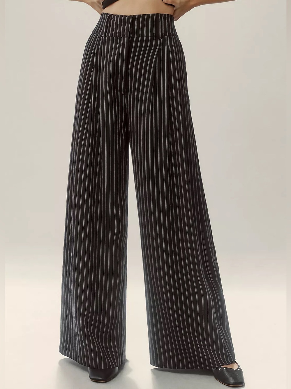 By Anthropologie Pinstripe Wide Leg Trousers Pants High Rise Black Size 14